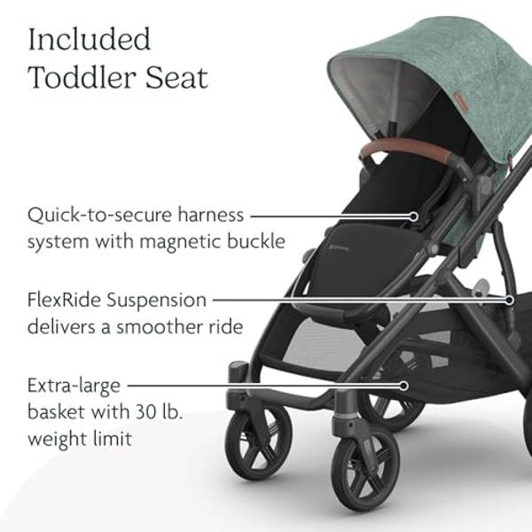 UPPAbaby Vista V3 Stroller - Full-Size Single-to-Double Stroller System - Toddler Seat, Bug Shield, Rain Shield, and Storage Bag Included - Gwen (Green Mélange/Carbon Frame/Saddle 