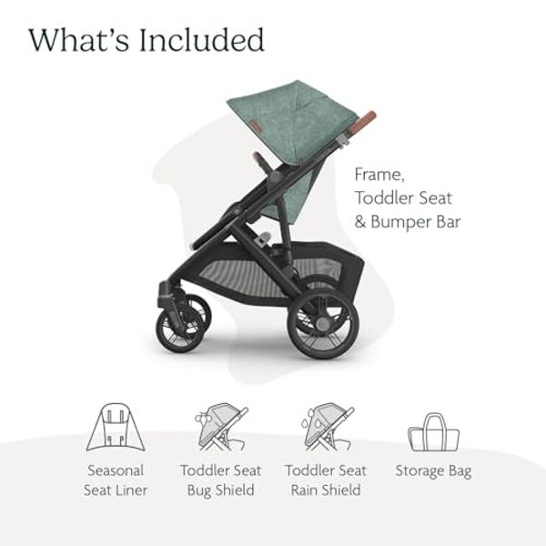 UPPAbaby Vista V3 Stroller - Full-Size Single-to-Double Stroller System - Toddler Seat, Bug Shield, Rain Shield, and Storage Bag Included - Gwen (Green Mélange/Carbon Frame/Saddle 