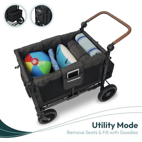 WONDERFOLD W4 Luxe Stroller Wagon (4 Seater) - Collapsible Wagon Stroller with Seats with Magnetic Buckle 5-Point Harnesses and Sun Canopy, Noble Navy
