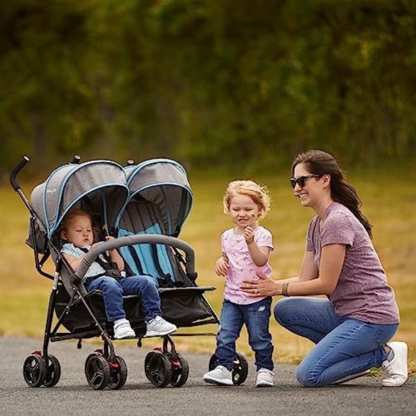 Dream On Me Volgo Twin Umbrella Stroller in Blue, Lightweight Double Stroller for Infant & Toddler, Compact Easy Fold, Large Storage Basket, Large and Adjustable Canopy