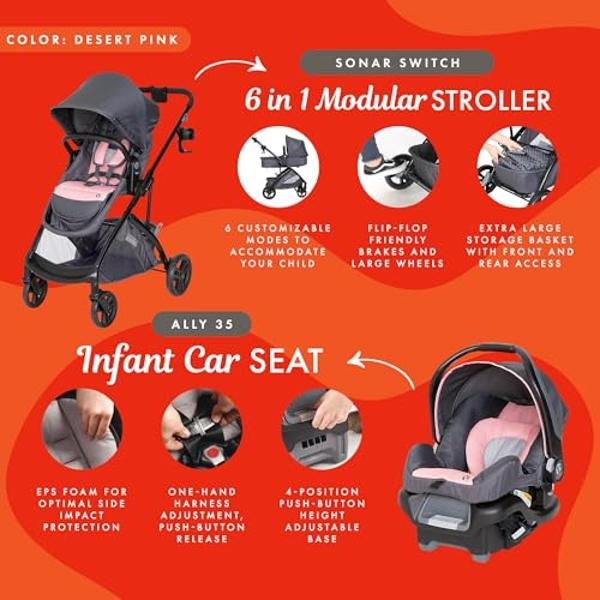 Baby Trend Sonar™ Switch 6-in-1 Modular Stroller Travel System with Ally™ Infant Car Seat, Desert Pinnk