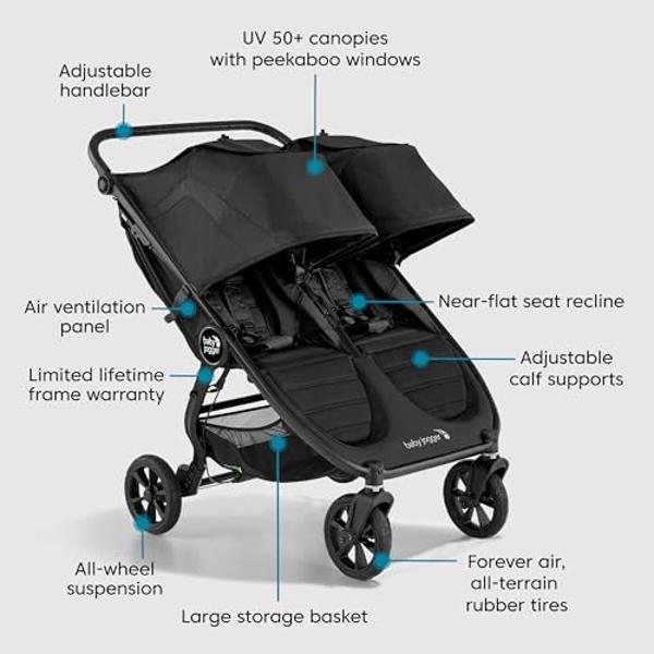 Baby Jogger City Mini GT2 All-Terrain Double Stroller, Jet Black, Perfect for Newborn and Toddler, Compatible with Britax, Cybex, Graco, and Maxi Cosi Infant Car Seats