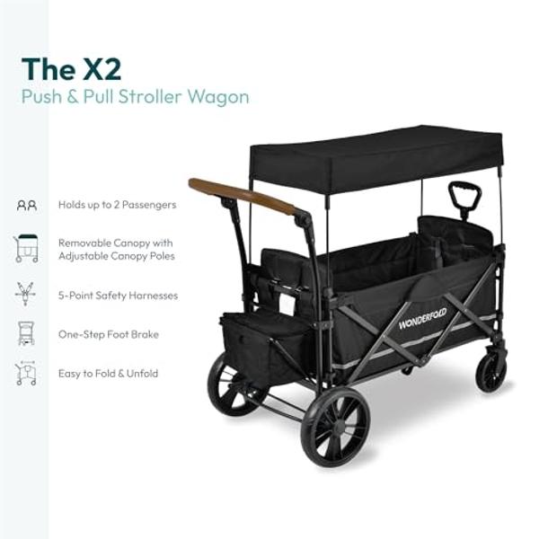WONDERFOLD W2 Luxe Stroller Wagon (2 Seater) - Collapsible Wagon Stroller with Seats with Magnetic Buckle 5-Point Harnesses and Adjustable Sun Canopy, Hunter Green