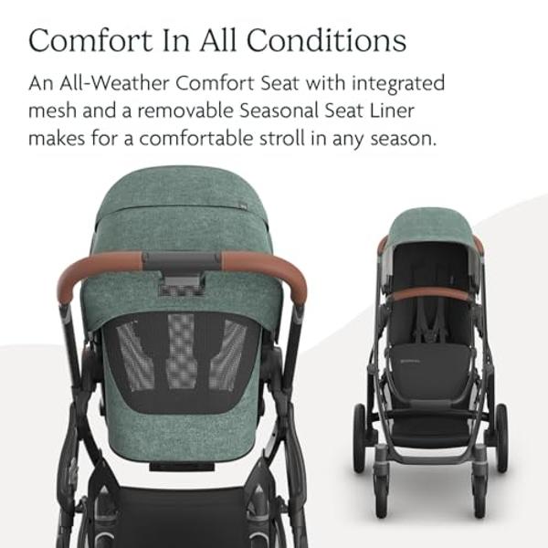 UPPAbaby Vista V3 Stroller - Full-Size Single-to-Double Stroller System - Toddler Seat, Bug Shield, Rain Shield, and Storage Bag Included - Gwen (Green Mélange/Carbon Frame/Saddle 
