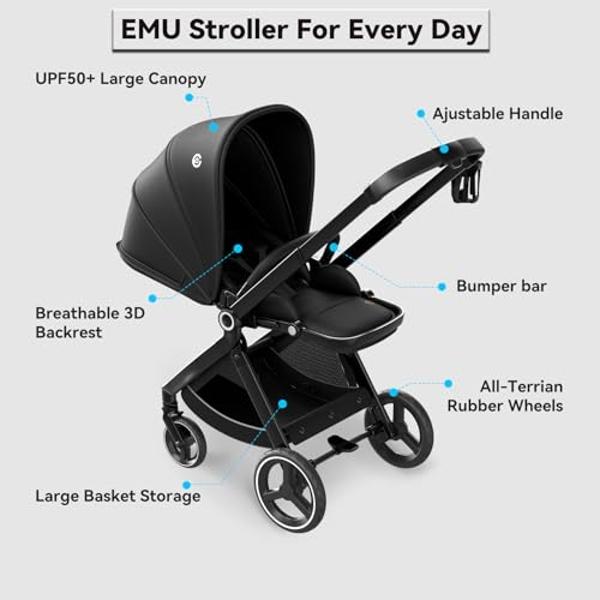ELITTLE EMU Reversible Baby Stroller with Reversible Seat Full-Size Infant Stroller with Full Recline Cockpit Compact Foldable Pram Carriage for Outdoor City - Black