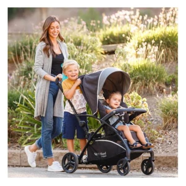 WONDERFOLD W2 Luxe Stroller Wagon (2 Seater) - Collapsible Wagon Stroller with Seats with Magnetic Buckle 5-Point Harnesses and Adjustable Sun Canopy, Hunter Green