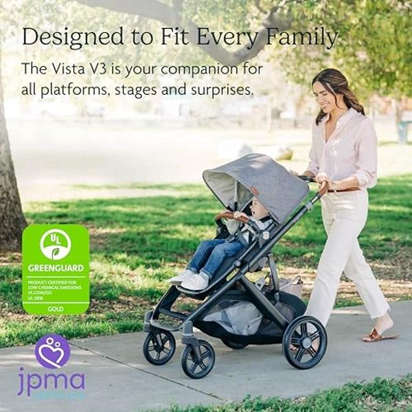 UPPAbaby Vista V3 Stroller - Full-Size Single-to-Double Stroller System - Toddler Seat, Bug Shield, Rain Shield, and Storage Bag Included - Gwen (Green Mélange/Carbon Frame/Saddle 