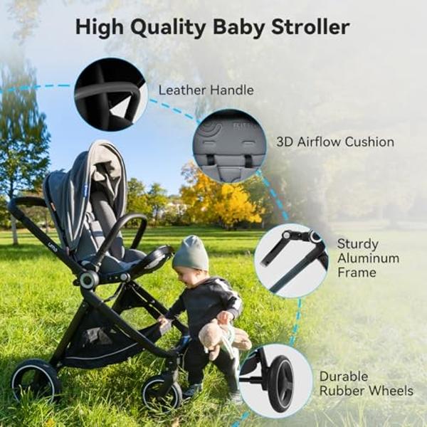 ELITTLE EMU Reversible Baby Stroller with Reversible Seat Full-Size Infant Stroller with Full Recline Cockpit Compact Foldable Pram Carriage for Outdoor City - Black