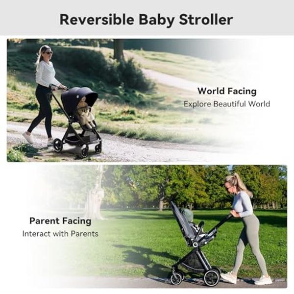 ELITTLE EMU Reversible Baby Stroller with Reversible Seat Full-Size Infant Stroller with Full Recline Cockpit Compact Foldable Pram Carriage for Outdoor City - Black