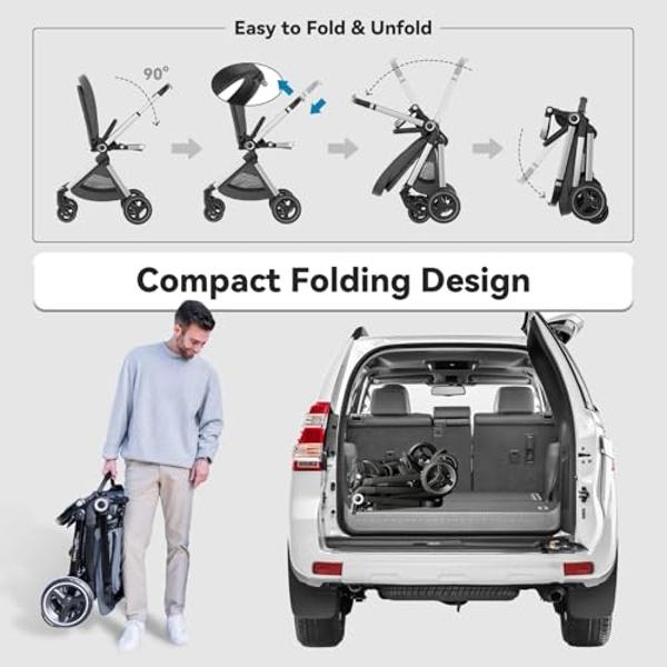 ELITTLE EMU Reversible Baby Stroller with Reversible Seat Full-Size Infant Stroller with Full Recline Cockpit Compact Foldable Pram Carriage for Outdoor City - Black