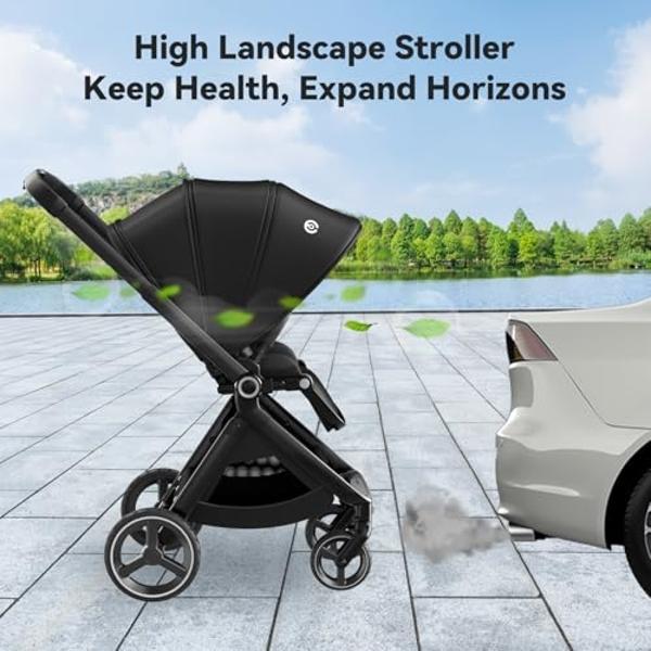 ELITTLE EMU Reversible Baby Stroller with Reversible Seat Full-Size Infant Stroller with Full Recline Cockpit Compact Foldable Pram Carriage for Outdoor City - Black