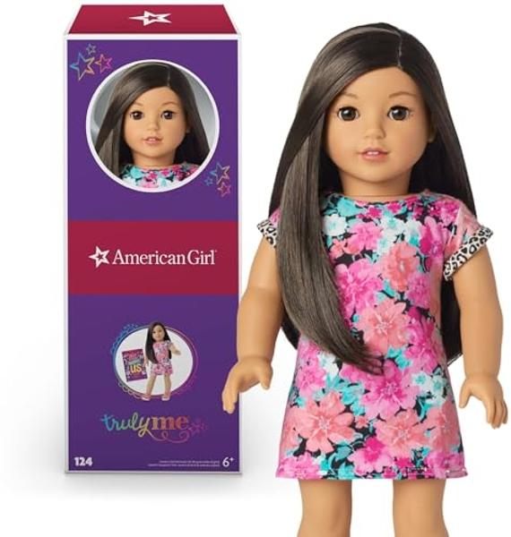 American Girl Truly Me 18-inch Doll #124 with Brown Eyes, Black-Brown Hair, Lt-to-Med Skin, T-shirt Dress, For Ages 6+, Floral