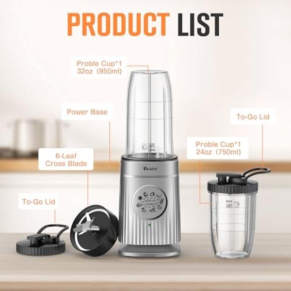 VEWIOR Smoothie Blender, 1500W Personal Blender for Shakes and Smoothies with 32 oz & 24 oz To-Go Cups, Countertop Portable Blenders for Kitchen Ideal for Frozen Juices, Baby Food,