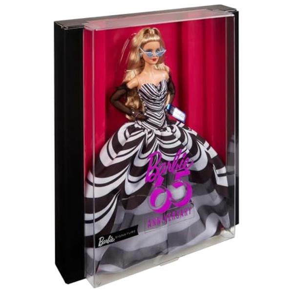 Barbie Signature Doll, 65th Anniversary Collectible with Blonde Hair, Black & White Gown, Sapphire Gem Earrings & Sunglasses