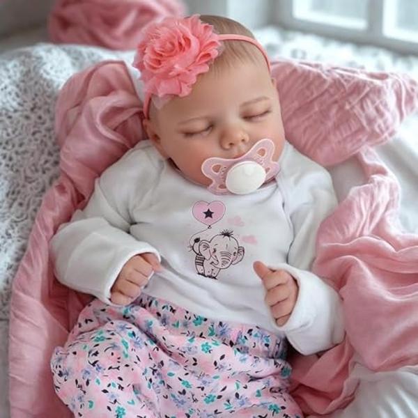 JIZHI Lifelike Reborn Baby Dolls Girl, 17 Inch Real Baby Doll Soft Body Realistic Newborn Baby Dolls Full Vinyl Body Poseable Real Life Baby Dolls Girl with Feeding Kit Gift Box fo