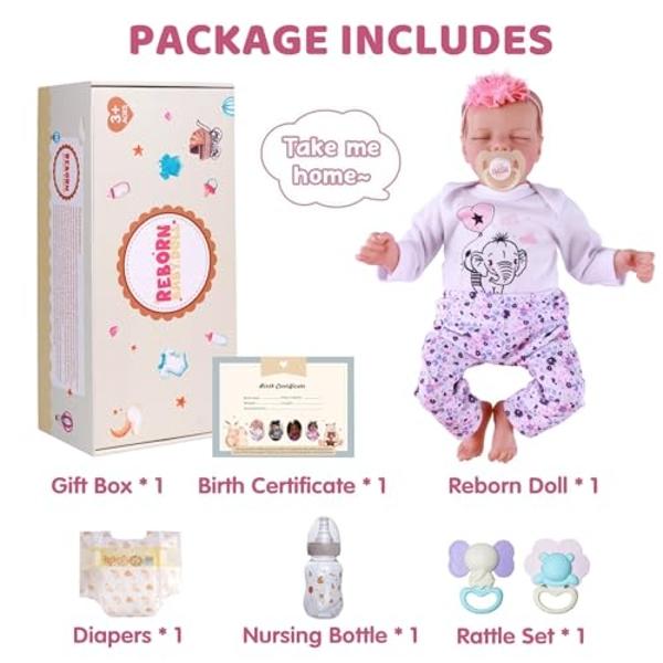 JIZHI Lifelike Reborn Baby Dolls Girl, 17 Inch Real Baby Doll Soft Body Realistic Newborn Baby Dolls Full Vinyl Body Poseable Real Life Baby Dolls Girl with Feeding Kit Gift Box fo