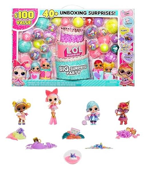 LOL Surprise Big Party With 4 Collectible Dolls, 40+ Surprises, 100 Value, 6 Unboxing Experiences, Fashions, Sand, Gel Crush, Shell Smash, Fluff, Party Confetti, Crunch Beads, Gift