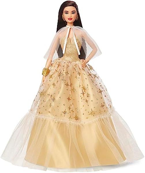 Barbie Signature 2023 Holiday Doll, Black Hair Wearing Golden Gown, Collectible with Doll Stand & Certificate of Authenticity