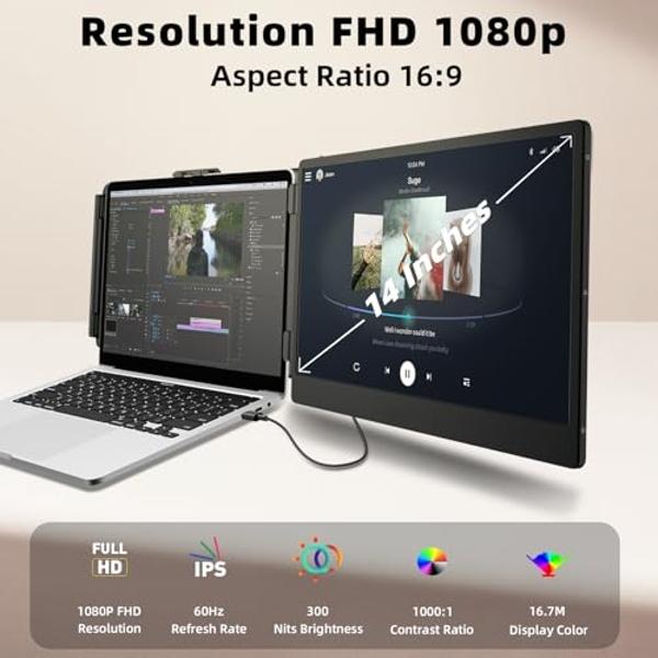 Laptop Monitor Extender, Portable Monitor for Laptop, Screen Extender Portable16:9, HDMI/Type-C Plug and Play Display Screen Extender Monitor 1080P for Tablet Laptops PC/Mac/Phone