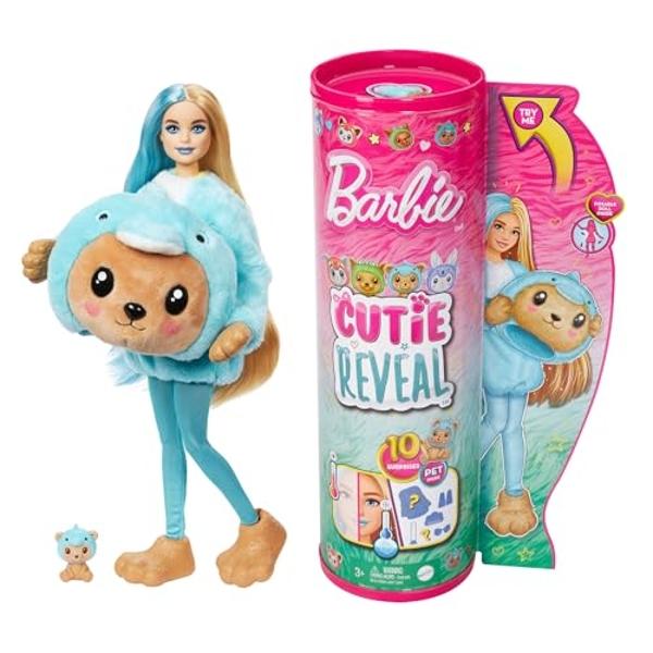 Barbie Cutie Reveal Doll & Accessories with Animal Costume & 10 Surprises Including Color Change, Teddy Bear as Dolphin in Costume-Themed Series