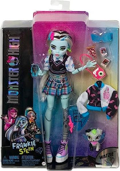 Monster High Doll, Frankie Stein with Blue & Black Streaked Hair in Signature Look with Fashion Accessories & Pet Dog Watzie