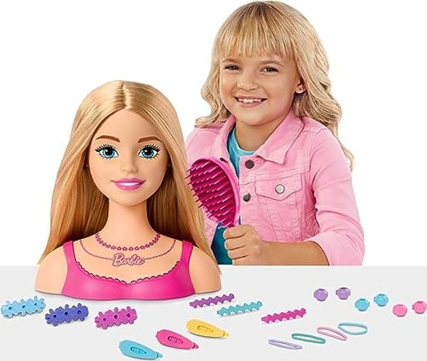 Barbie Doll Styling Head, Blond Hair with 20 Colorful Accessories, Doll Head for Hair Styling