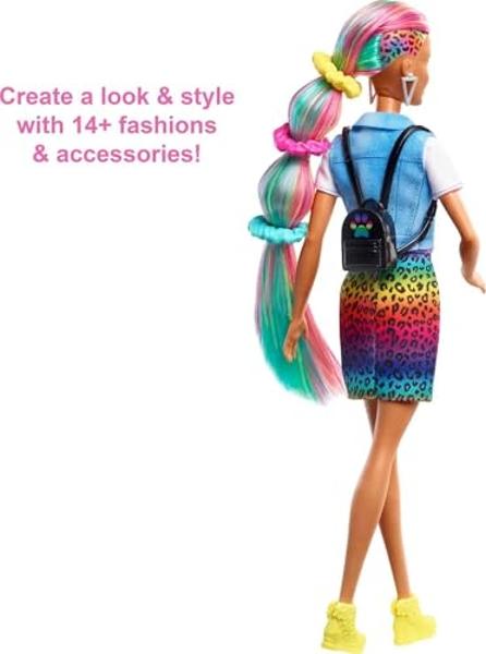 Barbie Doll Leopard Rainbow Hair with Color-Change Highlights & 16 Styling Accessories Including Clothes, Scrunchies, Brush & More