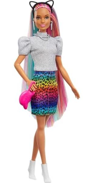 Barbie Doll Leopard Rainbow Hair with Color-Change Highlights & 16 Styling Accessories Including Clothes, Scrunchies, Brush & More