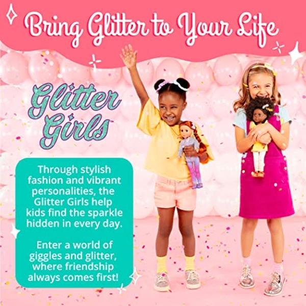 Glitter Girls – Soo Ji 14-inch Poseable Fashion Doll – Black Hair & Hazel Eyes —Hearts Outfit with Blue Glitter Shoes – Toys, Clothes, and Accessories for Kids Ages 3+