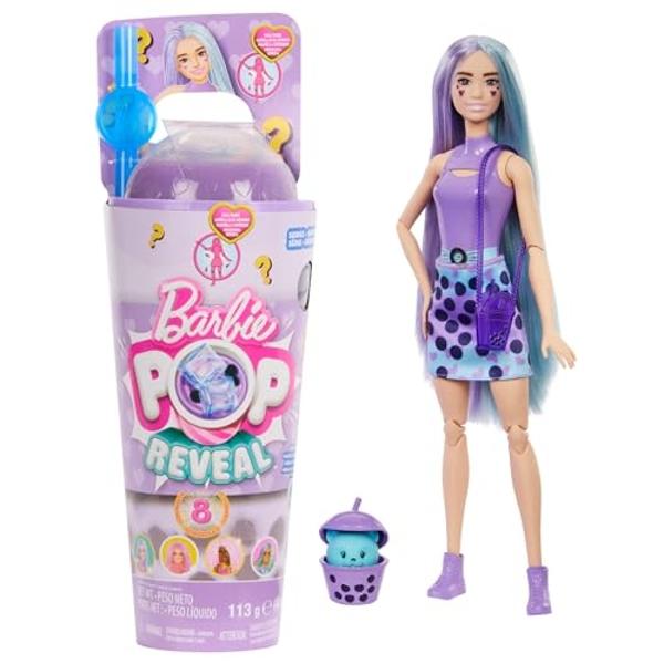 Barbie Pop Reveal Doll & Accessories, Bubble Tea Series with Pet, 8 Surprises Include Color Change, Cup with Storage (Styles May Vary)