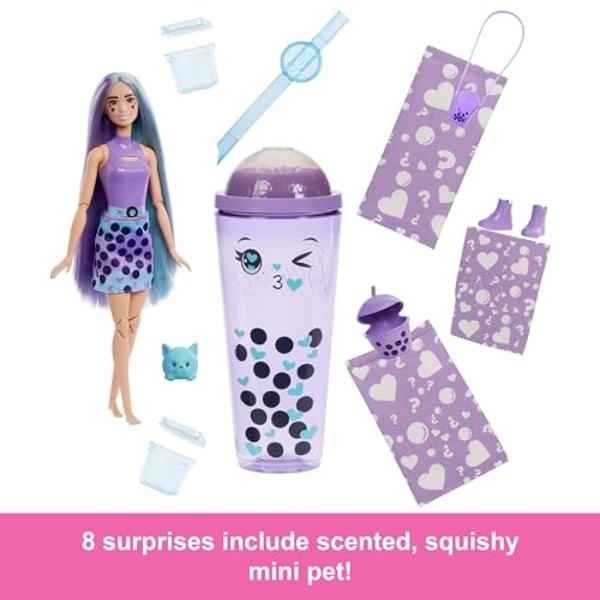 Barbie Pop Reveal Doll & Accessories, Bubble Tea Series with Pet, 8 Surprises Include Color Change, Cup with Storage (Styles May Vary)