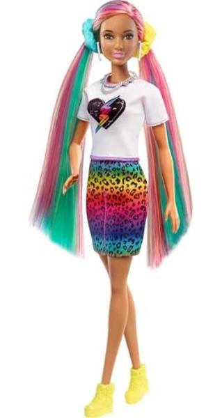 Barbie Doll Leopard Rainbow Hair with Color-Change Highlights & 16 Styling Accessories Including Clothes, Scrunchies, Brush & More