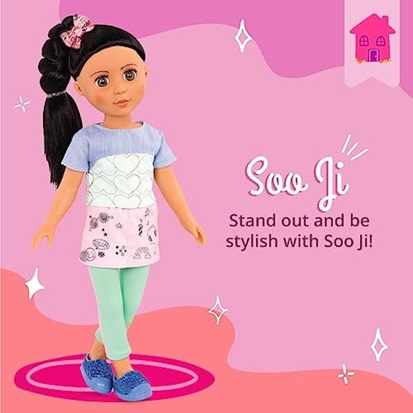 Glitter Girls – Soo Ji 14-inch Poseable Fashion Doll – Black Hair & Hazel Eyes —Hearts Outfit with Blue Glitter Shoes – Toys, Clothes, and Accessories for Kids Ages 3+