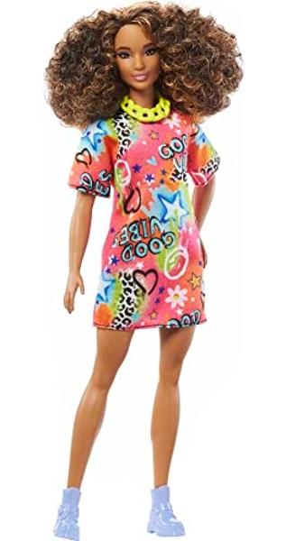 Barbie Fashionistas Doll #201, Athletic Body with Curly Brunette Hair, Graffiti-Print Dress & Accessories Including Boots & Chain Necklace