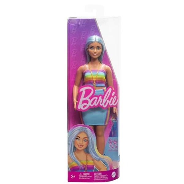 Barbie Fashionistas Doll #218 with Long Blue Hair Wearing Removable Rainbow Top & Teal Skirt, 65th Anniversary Collectible Toy