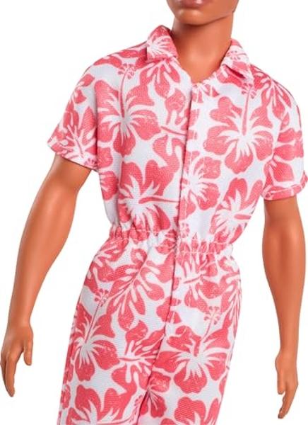 Barbie Fashionistas Ken Doll #235 with Braided Brown Hair, Wearing Coral Jumpsuit with Hawaiian Print and Green Sandals