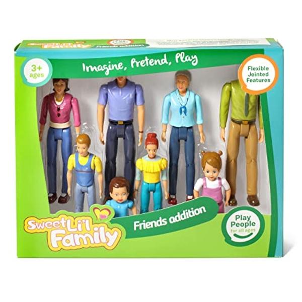 Beverly Hills Doll Collection Sweet Lil Family Friends Figures - New Addition Set of 9 Dollhouse People - Grandma, Grandpa, Mom, Dad, Sister, Brother, Toddler, Baby and Dog