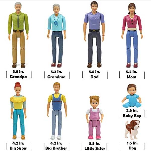 Beverly Hills Doll Collection Sweet Lil Family Friends Figures - New Addition Set of 9 Dollhouse People - Grandma, Grandpa, Mom, Dad, Sister, Brother, Toddler, Baby and Dog