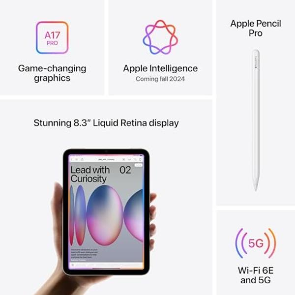 Apple iPad mini (A17 Pro): Apple Intelligence, 8.3-inch Liquid Retina Display, 256GB, Wi-Fi 6E + 5G Cellular, 12MP Front/12MP Back Camera, Touch ID, All-Day Battery Life — Space Gr