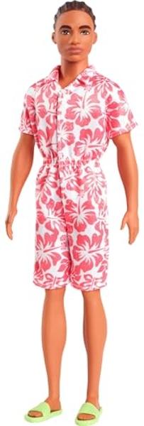 Barbie Fashionistas Ken Doll #235 with Braided Brown Hair, Wearing Coral Jumpsuit with Hawaiian Print and Green Sandals