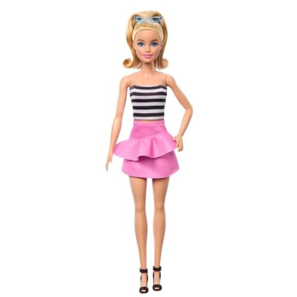 Barbie Fashionistas Doll #213, Blonde with Striped Top Wearing Removable Pink Skirt & Sunglasses, 65th Anniversary Collectible Toy