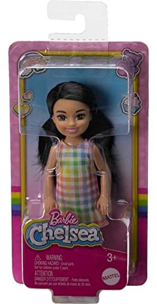 Barbie Chelsea Doll, Small Doll with Black Hair in Pigtails & Brown Eyes Wearing Removable Plaid Dress & Pink Shoes