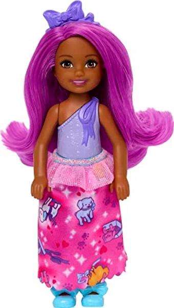 Barbie Dreamtopia Chelsea Royal Doll with Pink Hair, Purple Bow Headband & Colorful Skirt, Small Doll Bends at Waist