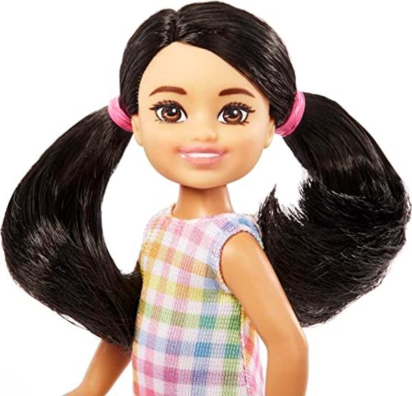 Barbie Chelsea Doll, Small Doll with Black Hair in Pigtails & Brown Eyes Wearing Removable Plaid Dress & Pink Shoes