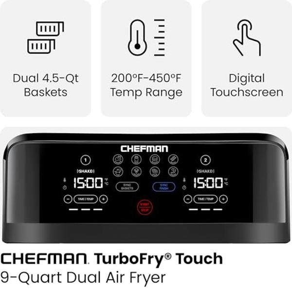 Chefman TurboFry Touch Dual Air Fryer, Maximize The Healthiest Meals With Double Basket Capacity, One-Touch Digital Controls And Shake Reminder For The Perfect Crispy And Low-Calor