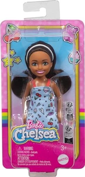Barbie Chelsea Doll, Small Doll Wearing Removable Blue Dress with Colorful Print & Pink Shoes, Brown Hair & Green Eyes