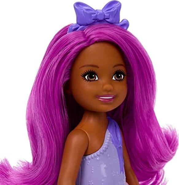 Barbie Dreamtopia Chelsea Royal Doll with Pink Hair, Purple Bow Headband & Colorful Skirt, Small Doll Bends at Waist