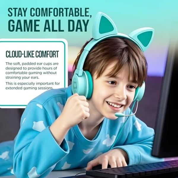 HyperGear Kombat Kitty Cat Ear Headphones w/Mic - Cute Wired Kitty Headphones for Kids, Ideal for Home, School, Streaming, Recording, Gaming, Computer Setup, Fits 3.5mm Devices - T