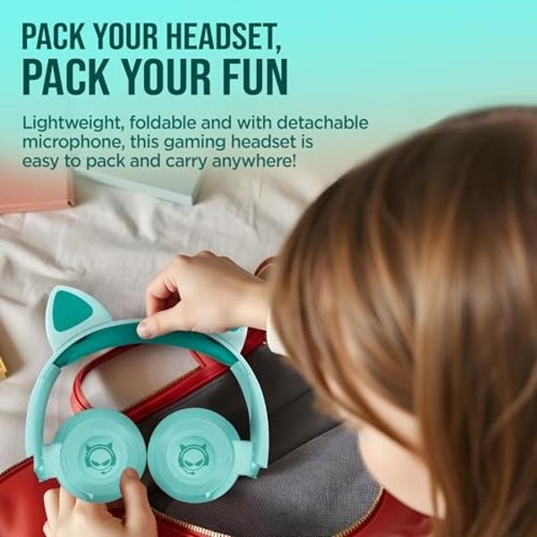 HyperGear Kombat Kitty Cat Ear Headphones w/Mic - Cute Wired Kitty Headphones for Kids, Ideal for Home, School, Streaming, Recording, Gaming, Computer Setup, Fits 3.5mm Devices - T