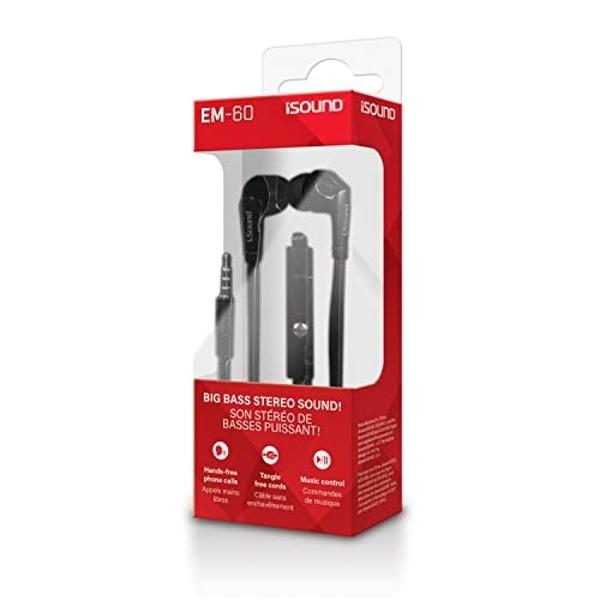 iSound DGHP-5722 EM 60 Earbuds with Big Bass Stereo Sound, Tangle Free Flat Cable, and Inline Microphone – Black